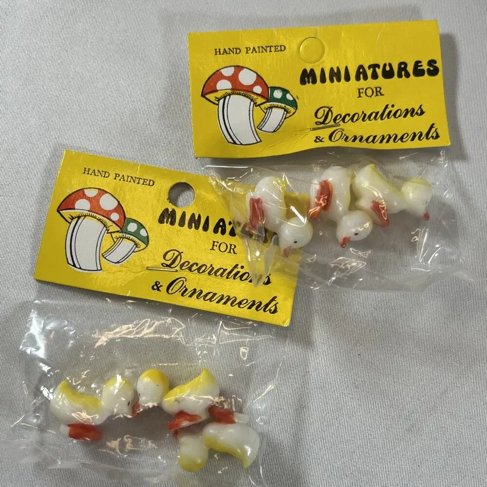 Vintage Hand Painted Duck Miniatures Set of 6 Plastic Yellow Ducklings Mini Tiny